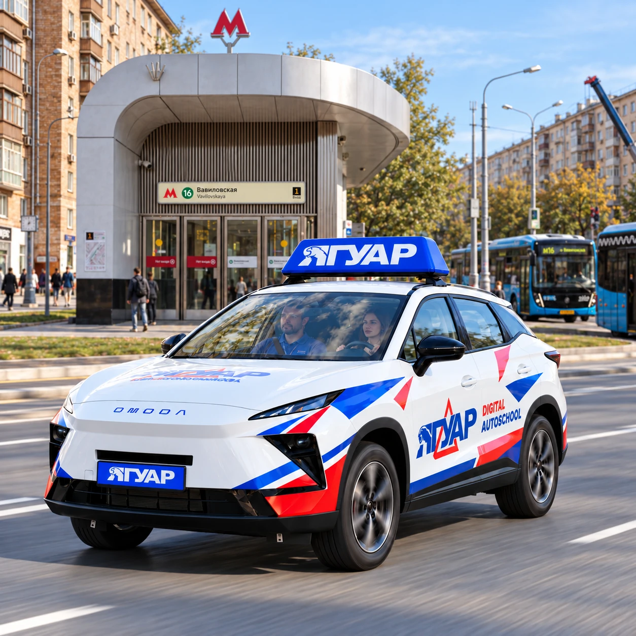 Учебный автомобиль «Ягуар» в движении рядом с метро Вавиловская