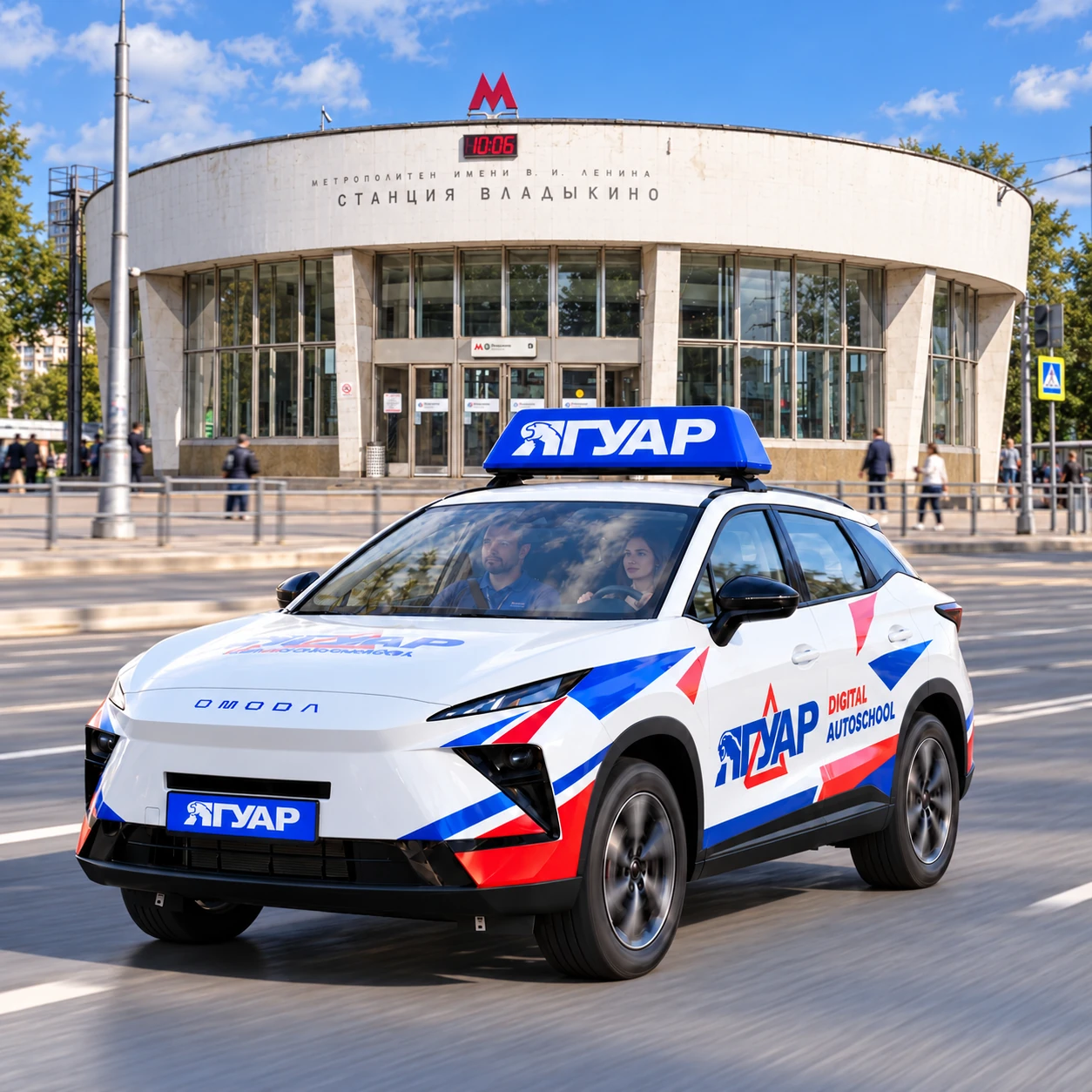 Учебный автомобиль «Ягуар» в движении рядом с метро Владыкино
