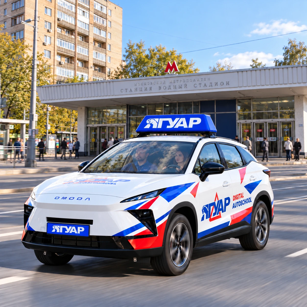 Учебный автомобиль «Ягуар» в движении рядом с метро Водный стадион
