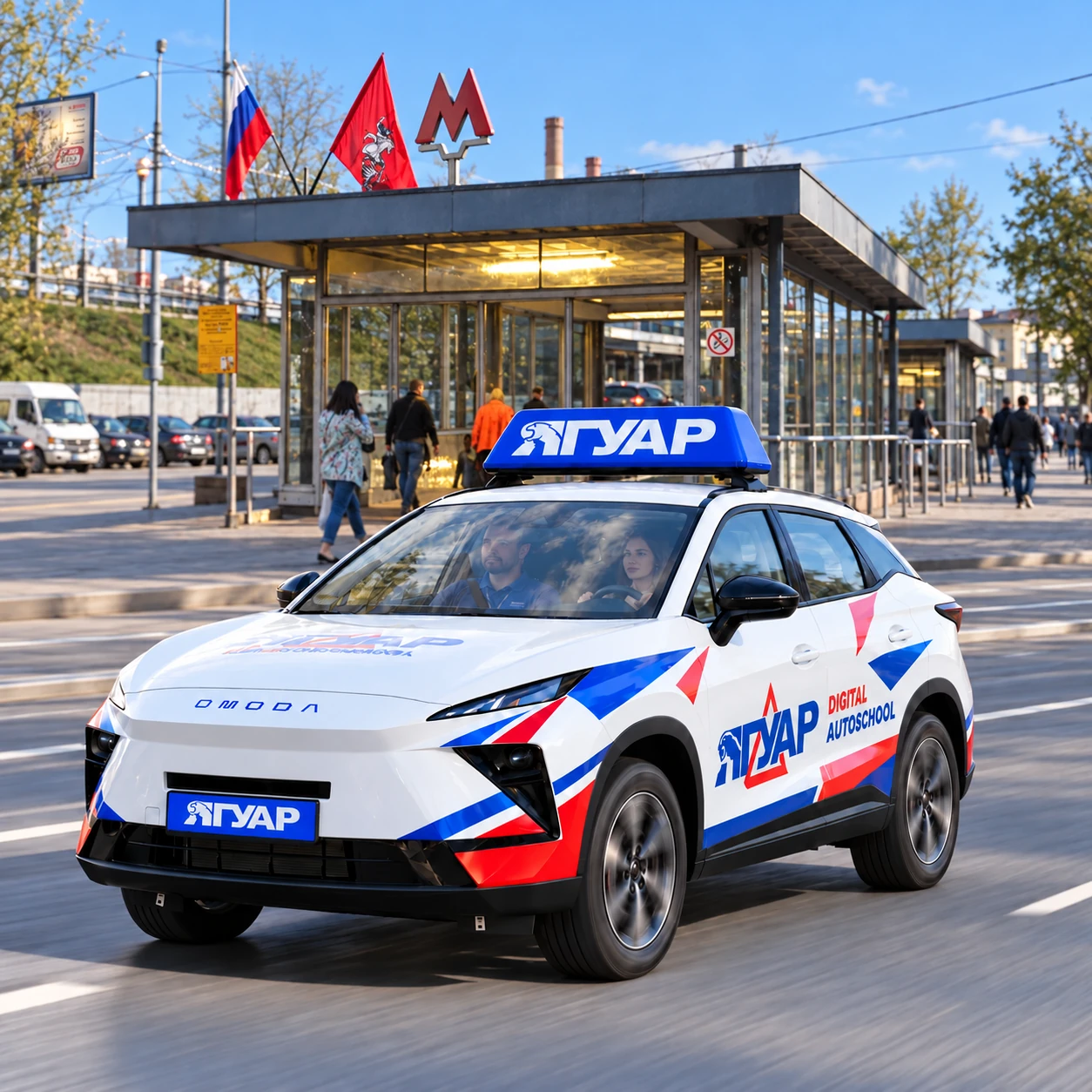Учебный автомобиль «Ягуар» в движении рядом с метро Волгоградский проспект