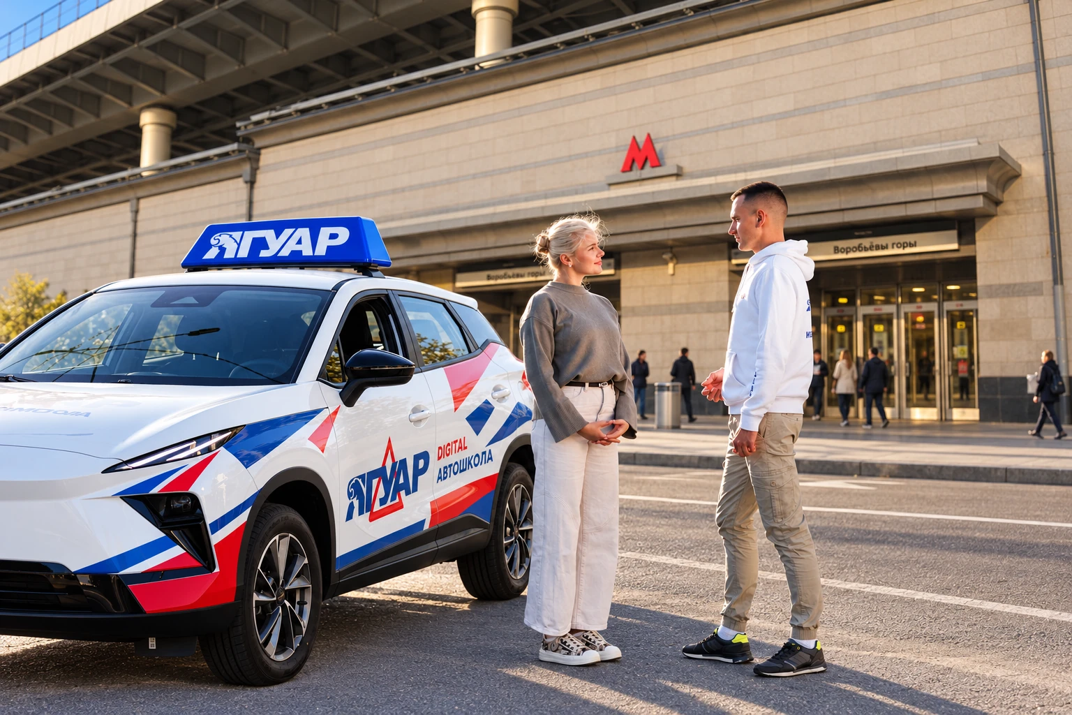 Ученица встречается с инструктором у метро Воробьевы горы