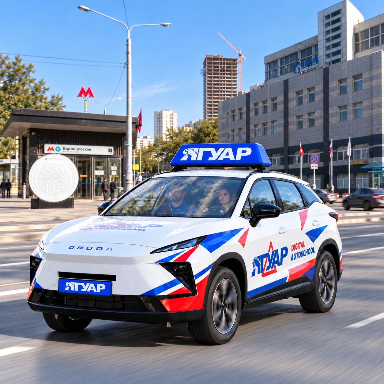 Учебный автомобиль «Ягуар» в движении рядом с метро Воронцовская