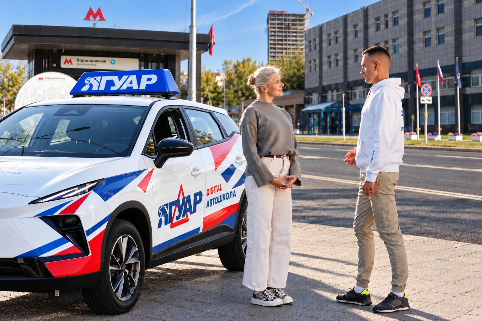 Ученица встречается с инструктором у метро Воронцовская