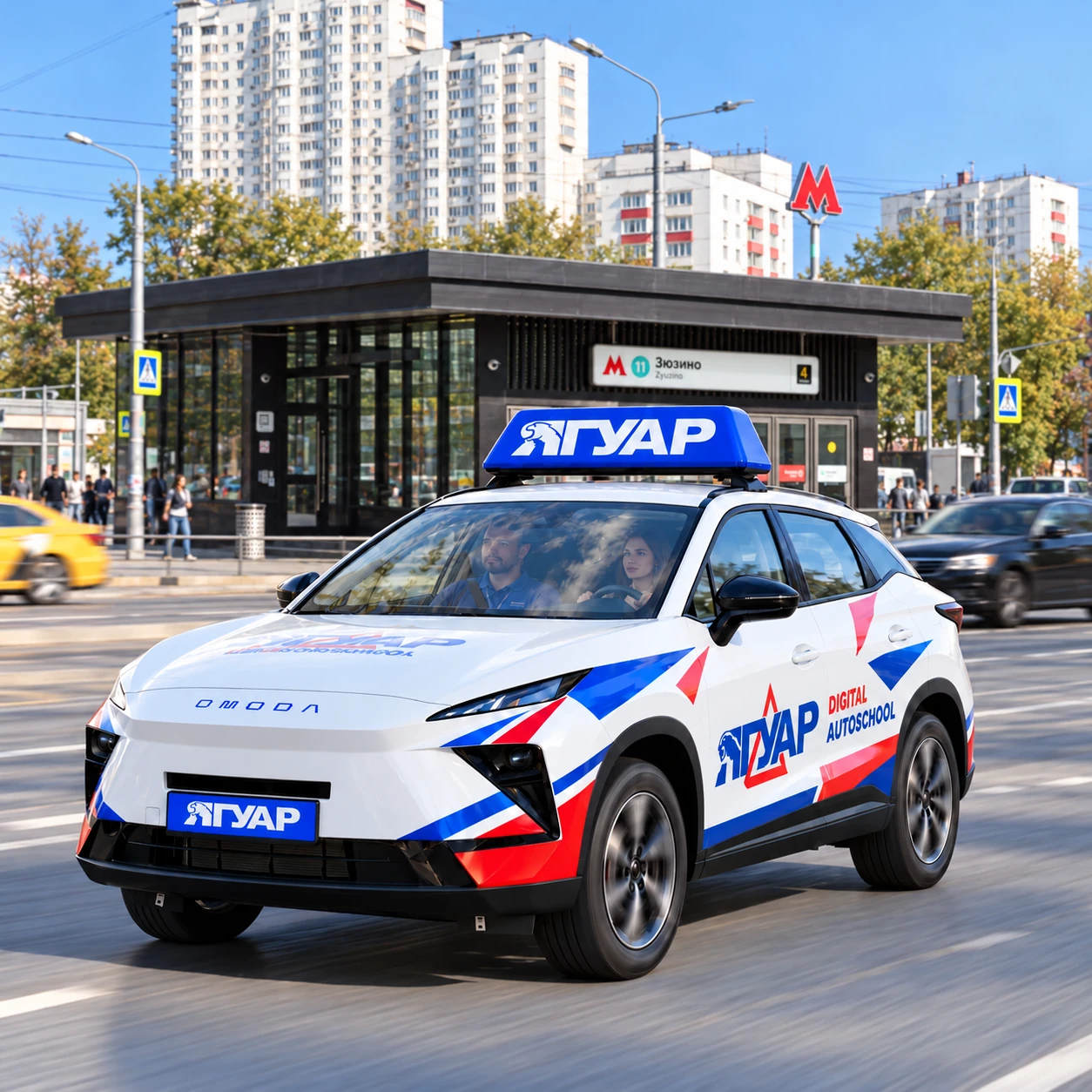 Учебный автомобиль «Ягуар» в движении рядом с метро Зюзино